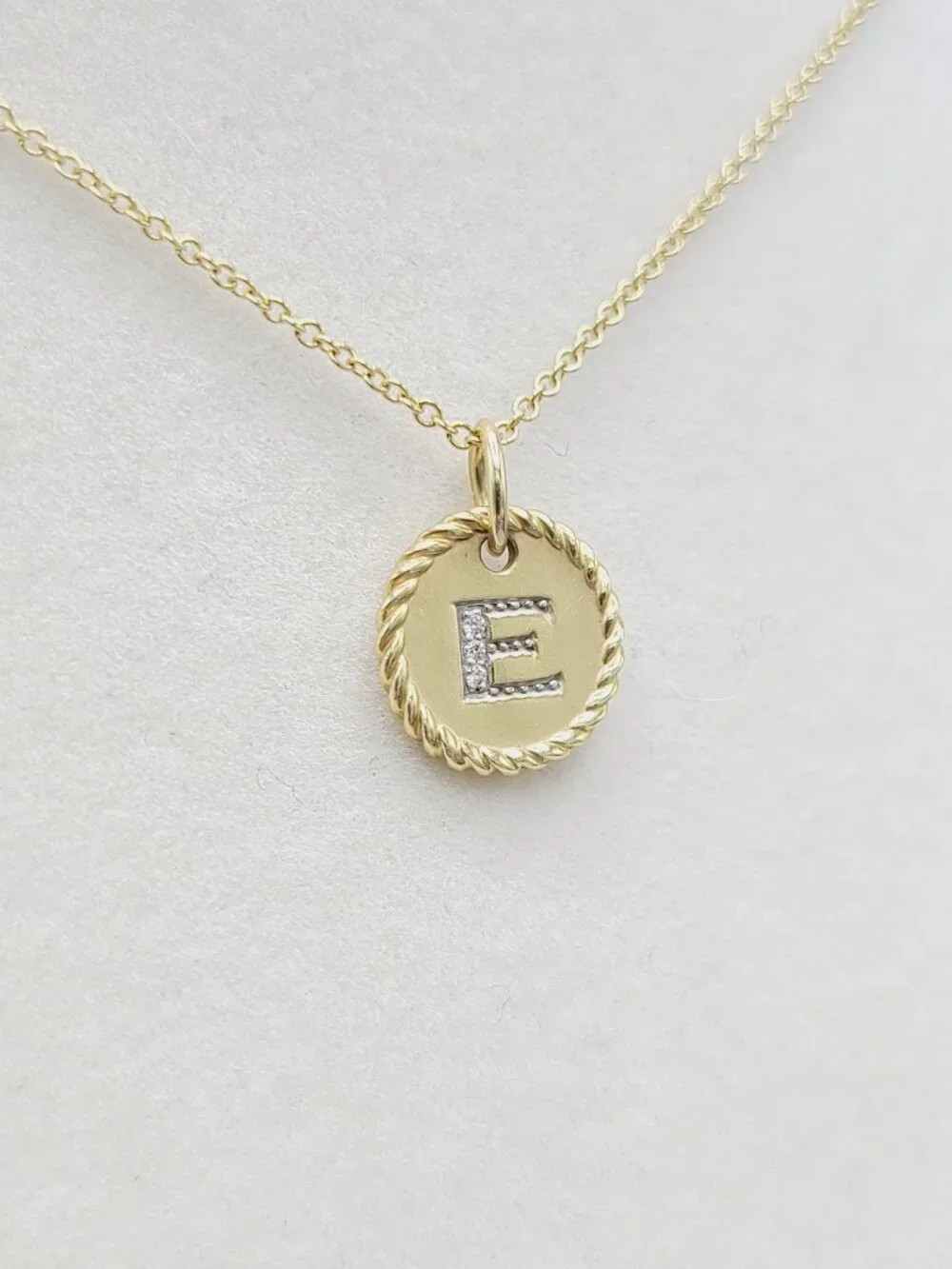 David Yurman Initial E Charm Necklace in 18K Yellow Gold w/ Diamonds - 19